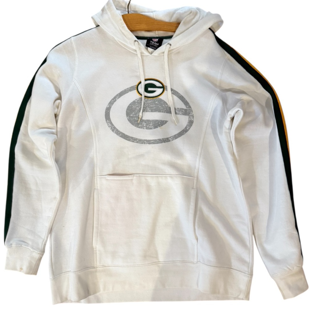 NFL White hoodie with Green Bay Packers logo & stripes down sleeves. Size Large
